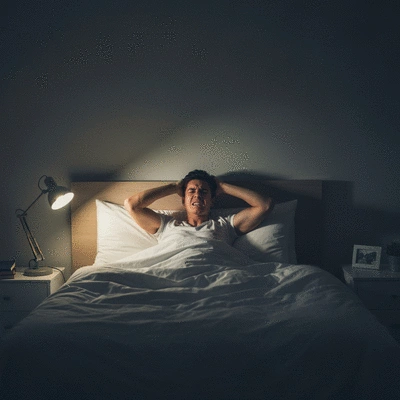 Person tossing and turning in bed due to anxiety, with thoughts swirling around their head, illustrating the interconnected cycle of anxiety, stress, and insomnia