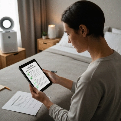 Person following a sleep optimization checklist in a well-organized bedroom