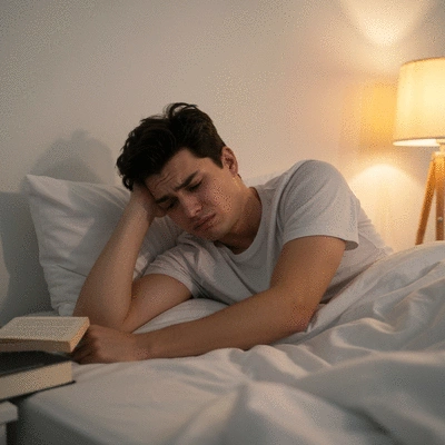 Person tossing and turning in bed, unable to sleep, with a worried expression