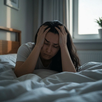 Person struggling to sleep, looking tired and frustrated in a dimly lit bedroom