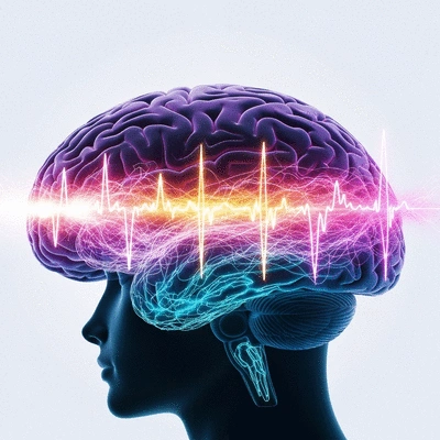 Stylized graphic illustrating brain activity during sleep, showing patterns and waves, clean, modern, no text, no words, no typography