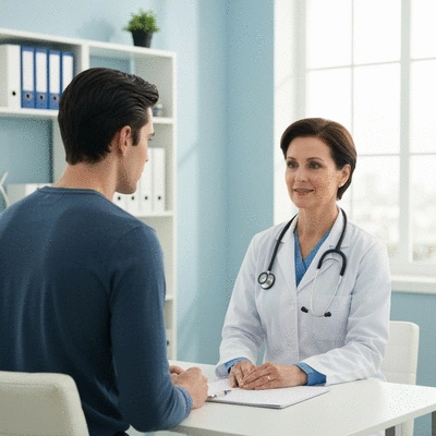 Person consulting with a healthcare professional about sleep issues, in a clean, modern medical office, no text, no words, no typography, 8K, clean image