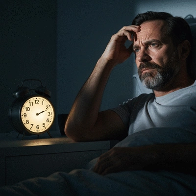 Person lying awake in bed at night, looking stressed, with a clock visible, soft lighting, no text, no words, no typography, clean image