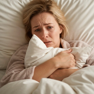 Woman looking stressed in bed, surrounded by soft lighting, representing hormonal influences on sleep