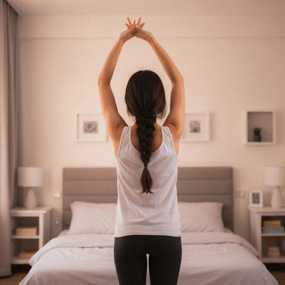 Person doing gentle stretching or yoga in a calm bedroom before bed, soft lighting, relaxing atmosphere, no text, no words, no typography, 8K