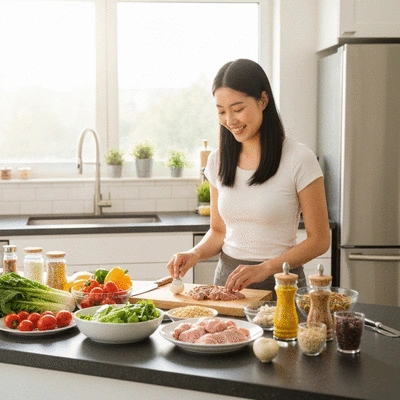 Healthy person preparing a nutritious meal in a modern kitchen, with fresh ingredients on the counter, bright and clean, no text, no words, no typography, 8K