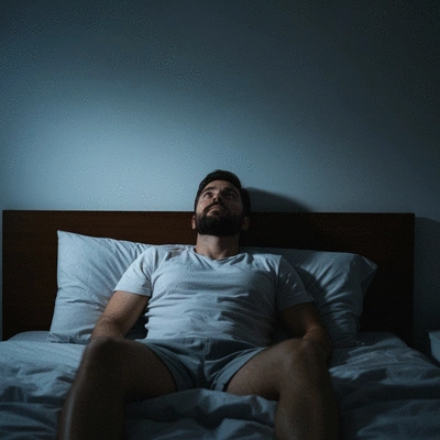 Person struggling to sleep in bed, looking at the ceiling, surrounded by a calm, dark room, no text, no words, no typography, 8K, clean image
