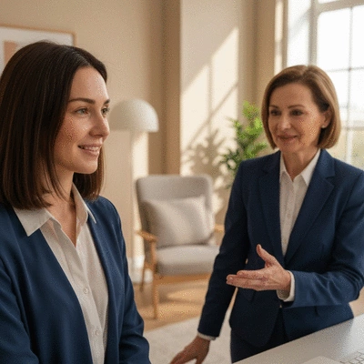 Woman talking to therapist in a calm, professional setting, representing CBT-I therapy
