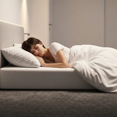 Person enjoying a peaceful night's sleep in a clean, modern bedroom