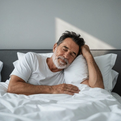 Person sleeping peacefully in a clean, modern bedroom, soft lighting, no text, no words, clean image