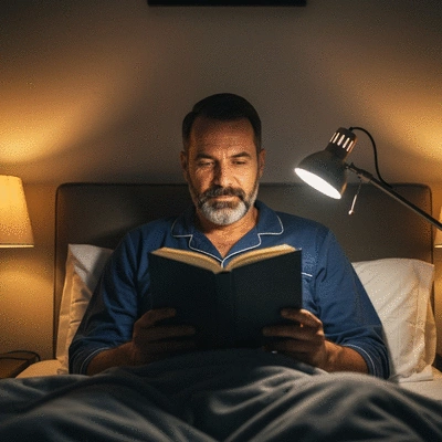Person enjoying a calming bedtime routine, reading a book in bed with warm lighting