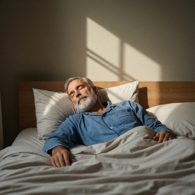 Older adult sleeping peacefully in bed, serene morning light, no text, no words, no typography, 8K