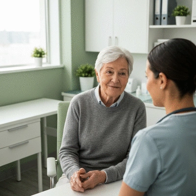 Older adult discussing sleep issues with a healthcare provider, professional clinic setting, no text, no words, no typography, 8K