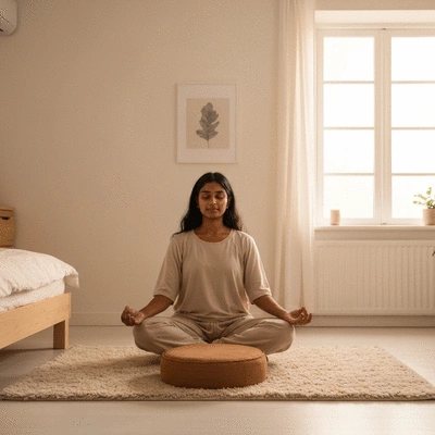 Person practicing meditation for better sleep, calm and serene