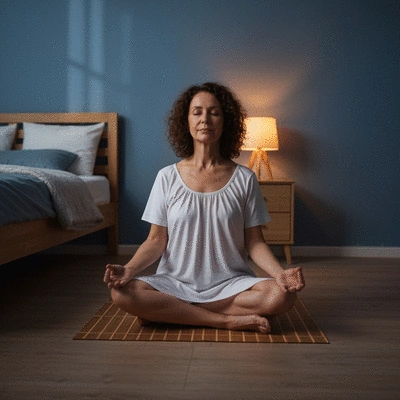 Person meditating calmly in a serene bedroom setting, promoting healthy sleep habits