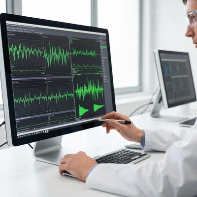 Scientist analyzing sleep data on a monitor in a modern lab setting