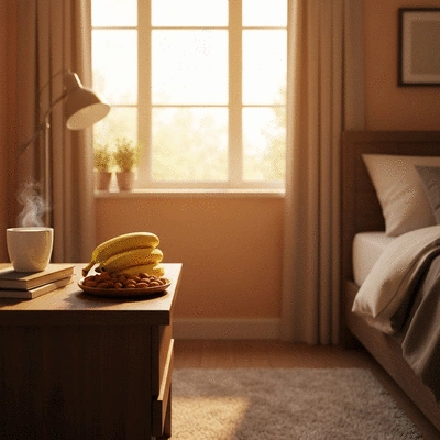 Healthy sleep-supporting foods like bananas, almonds, and warm milk on a bedside table, cozy bedroom, no text, no words, no typography, 8K