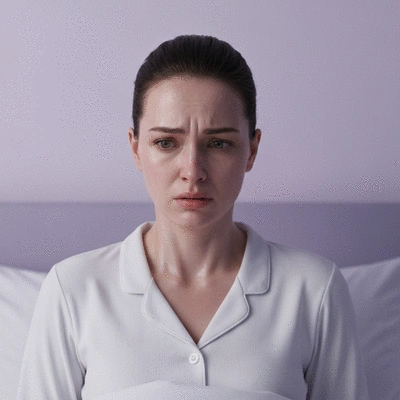 Woman experiencing night sweats, looking distressed in bed, soft lighting, no text, no words, no typography, 8K