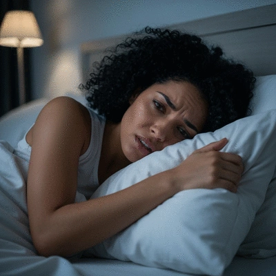 Person lying awake in bed at night, looking stressed and unable to sleep, soft room lighting