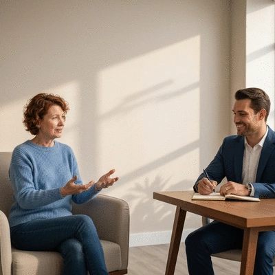 Person in a therapy session discussing sleep, with a therapist taking notes