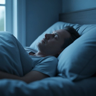 Person sleeping peacefully in a dimly lit room, soft blue tones, clean image