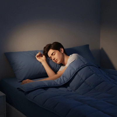 Person sleeping peacefully under a weighted blanket in a cozy bedroom