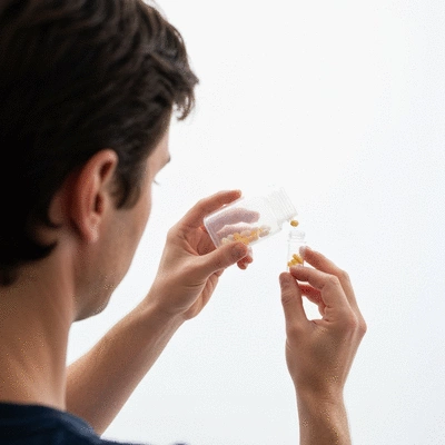 Person gradually reducing medication dosage from a pill bottle into a smaller pill container, representing tapering