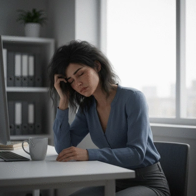 Person looking tired and struggling to stay awake at their desk, illustrating chronic daytime fatigue