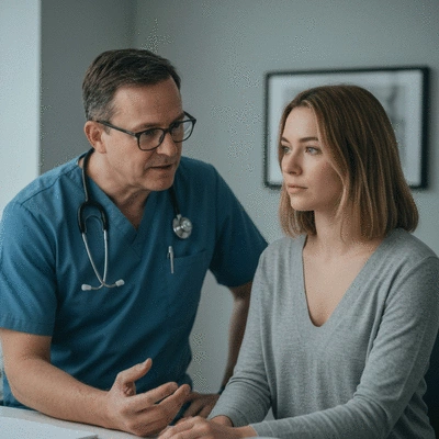 Person consulting a doctor about sleep issues, in a professional medical setting