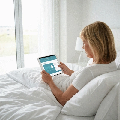 Person using a tablet in bed with a sleep tracking app on screen, depicting digital CBT for insomnia