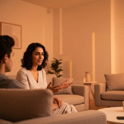 Person in a comfortable setting talking to a therapist about sleep, representing CBT-I