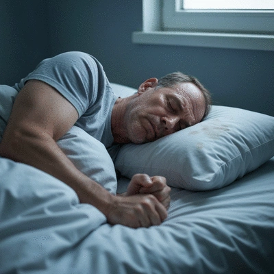 Person struggling to sleep due to anxiety, tossing and turning in bed