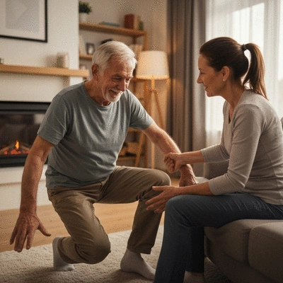 Elderly person being helped up after a fall, illustrating increased fall risk from sleep medication, clean image