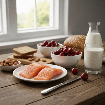 Variety of sleep-promoting foods on a rustic table, healthy, natural light, no text