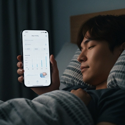 Person looking at a sleep tracking app on a smartphone in a dimly lit room