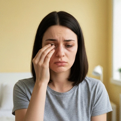 Person looking tired and groggy in the morning, representing lingering drowsiness from sleep medication, clean image