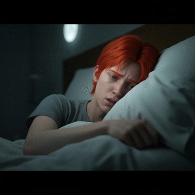 Person struggling to sleep, looking tired and anxious in bed, no text, no words, no typography, clean image