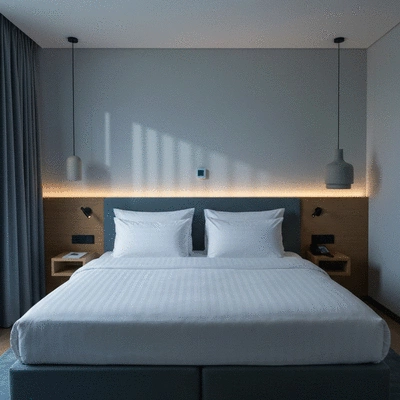 Modern bedroom with controlled temperature, soft lighting, and minimal noise, promoting restful sleep