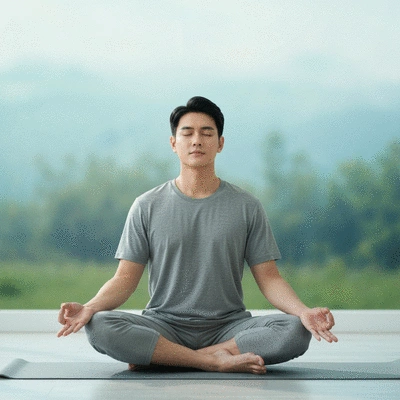 Person meditating or practicing deep breathing in a calm, serene environment, representing relaxation techniques